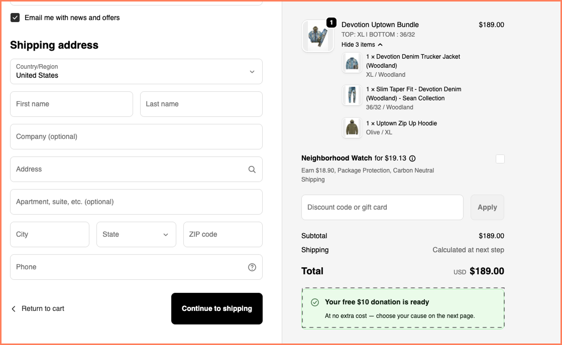Jordan Craig highlights a cause marketing nudge in its checkout design at no extra cost