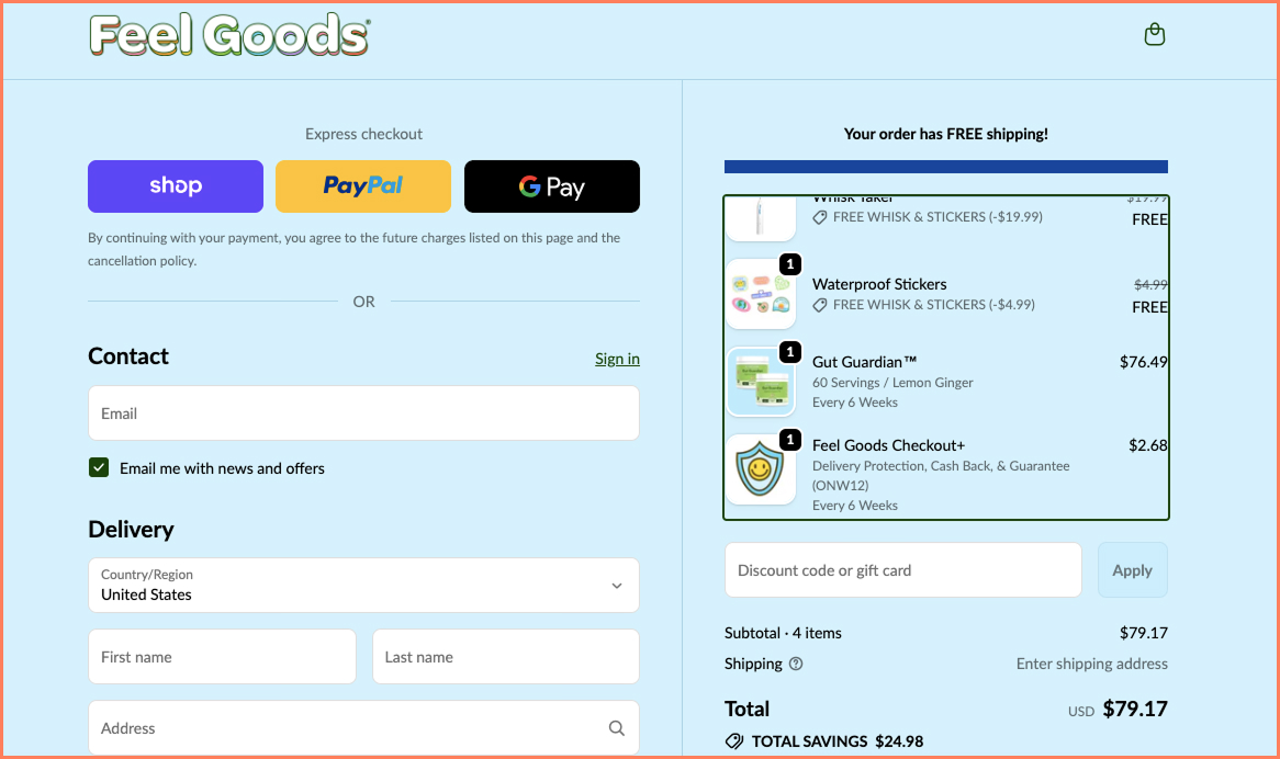 Feel Goods highlights free shipping within the checkout page flow to prevent bounce offs