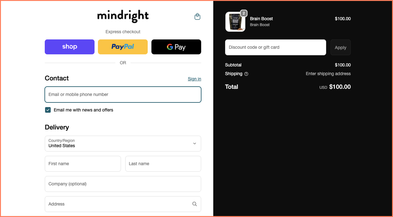 Mindright differentiates the order summary in a distinct design in this checkout page template