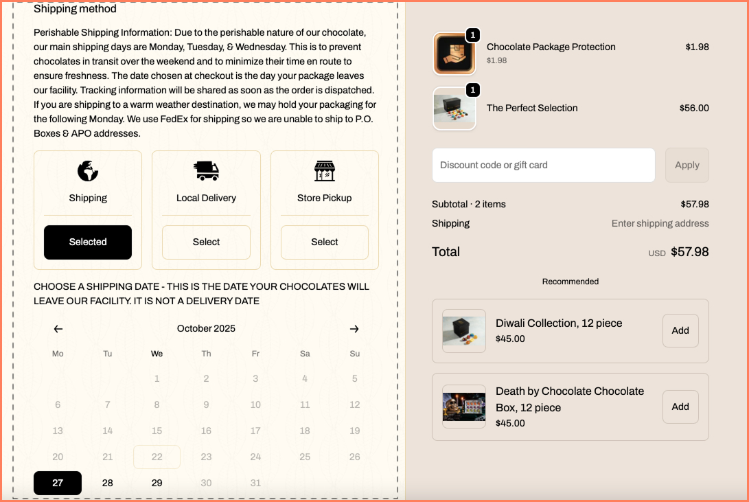 Cacao & Cardamom shows shipping options early in its checkout design process
