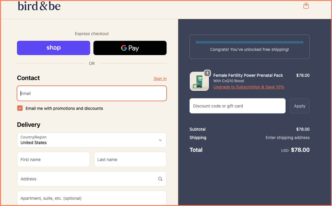 Bird & Be checkout design template features an easy to click upgrade link