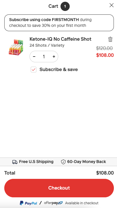 Ketone shows a money back guarantee in the cart to stop shopping cart abandonment