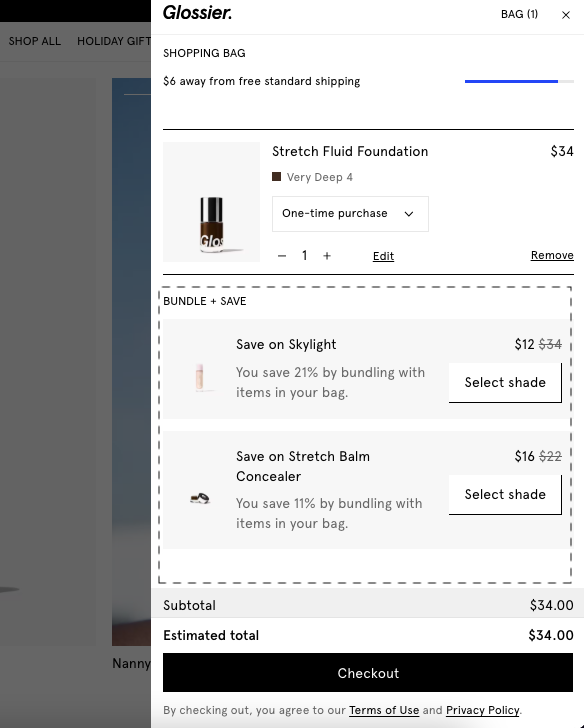Glossier bundle & save examples from the cart drawer