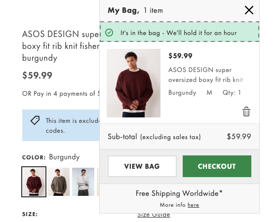 ASOS in-cart urgency example to prevent cart abandonment