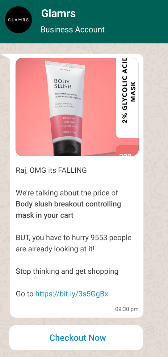 Glamrs Whatsapp cart recovery  campaign example