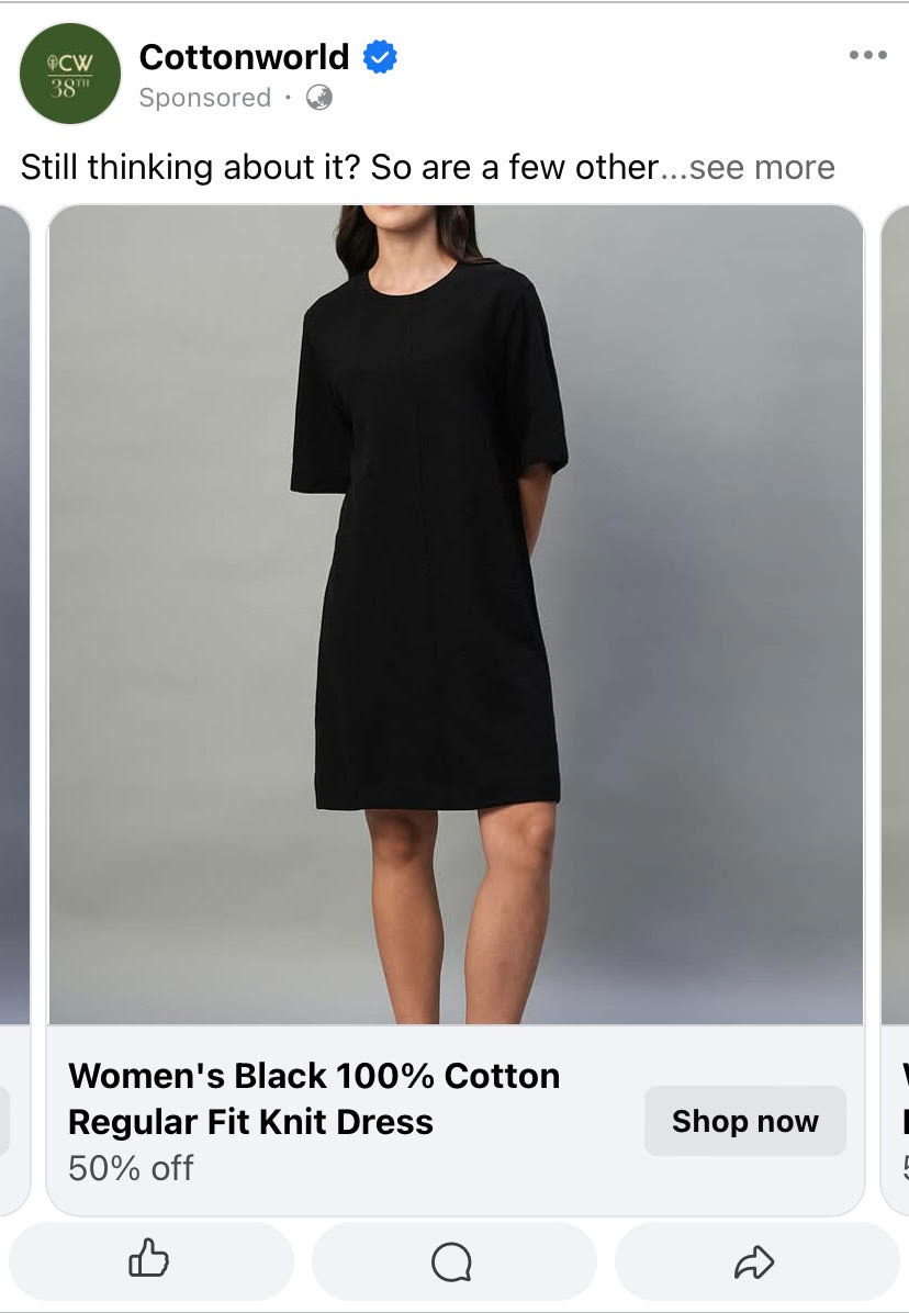 Cottonworld Meta ads carrying product variants to recover lost carts