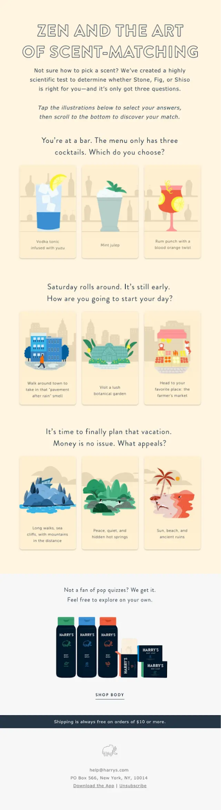 Email showing a funnel quiz to reduce bounce and cart abandonment rates