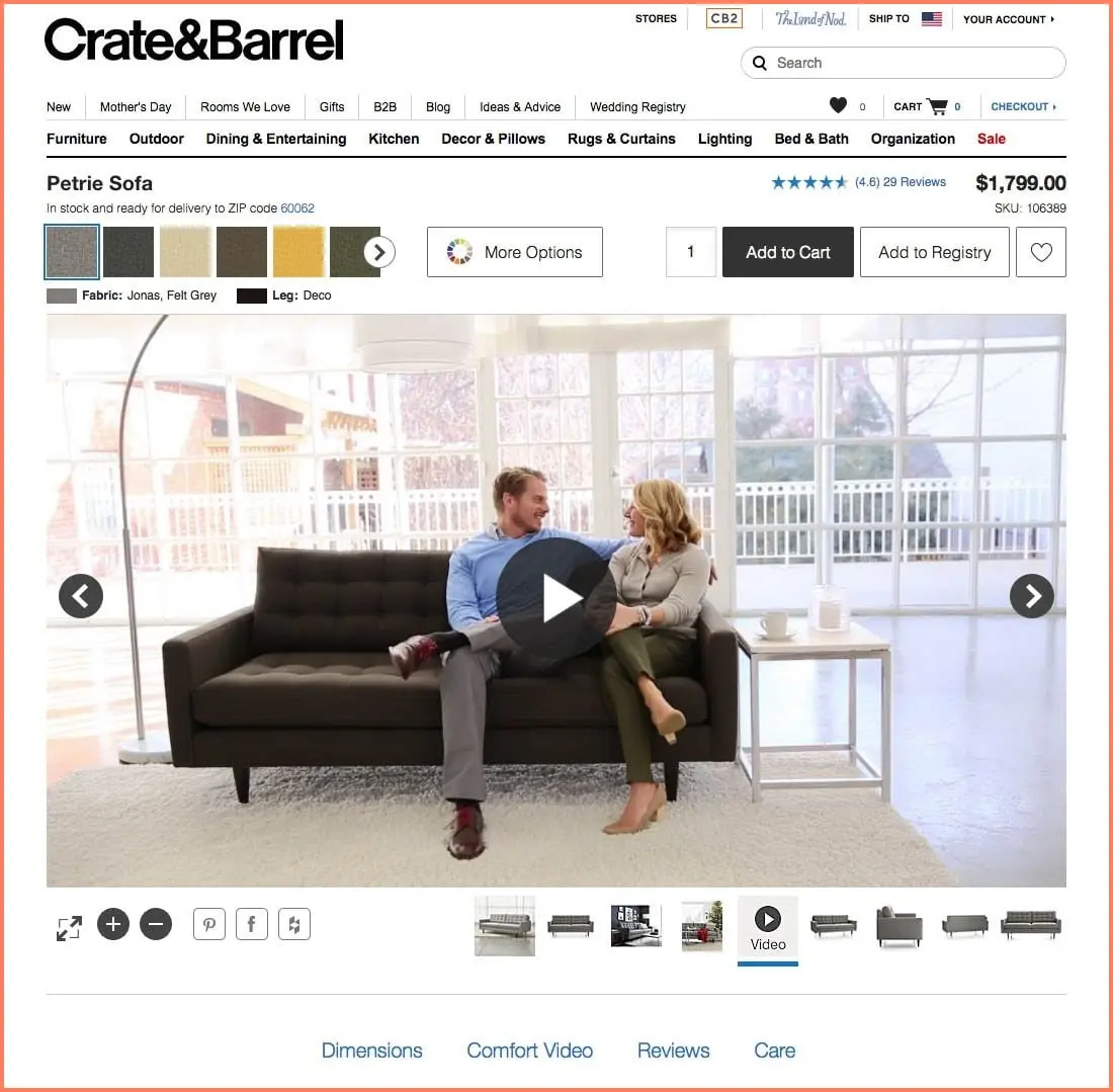 crate & barrel product page video example