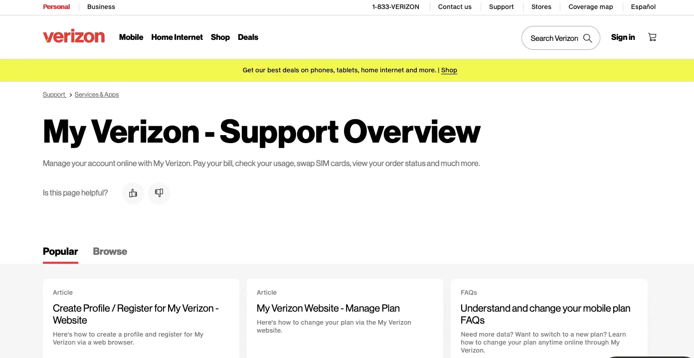Verizon customer portal example