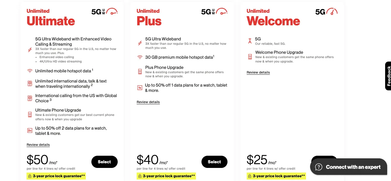 verizon comparison table example