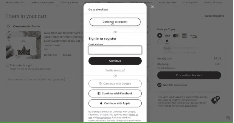 Etsy guest checkout example