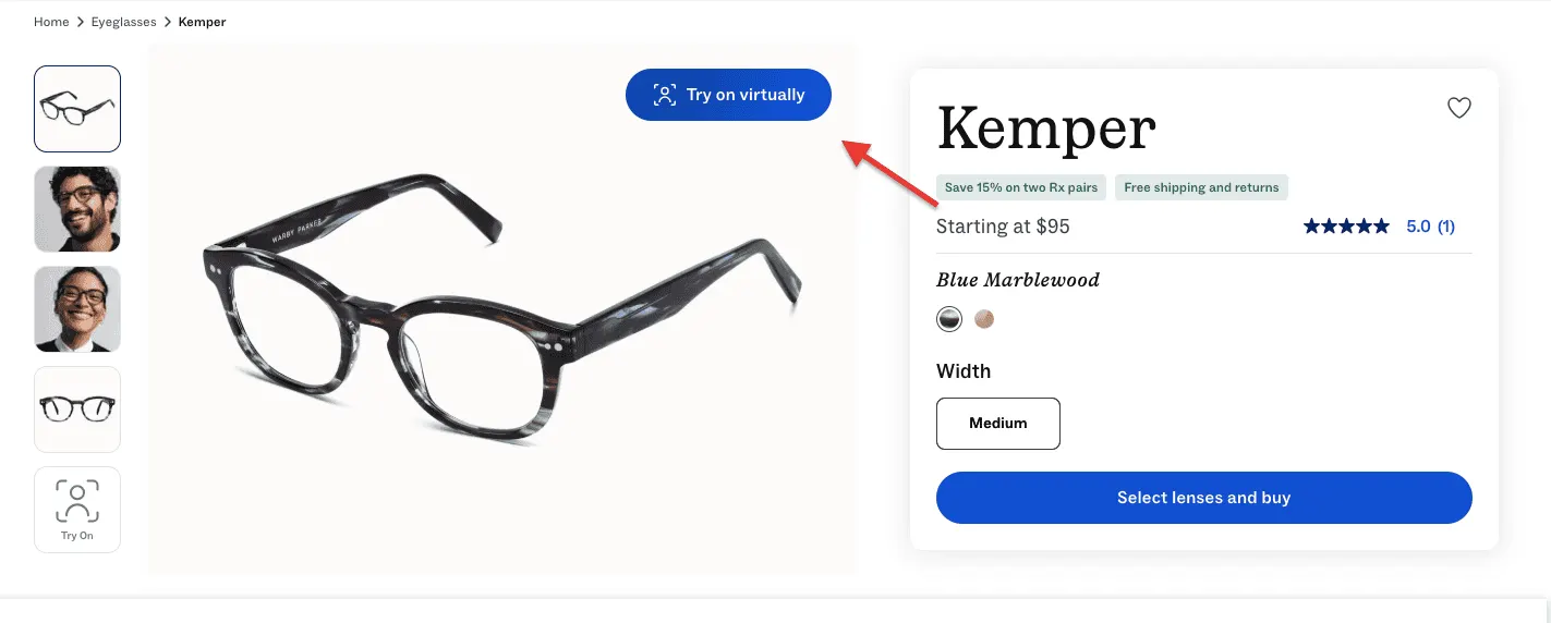 Warby Parker Virtual try on example
