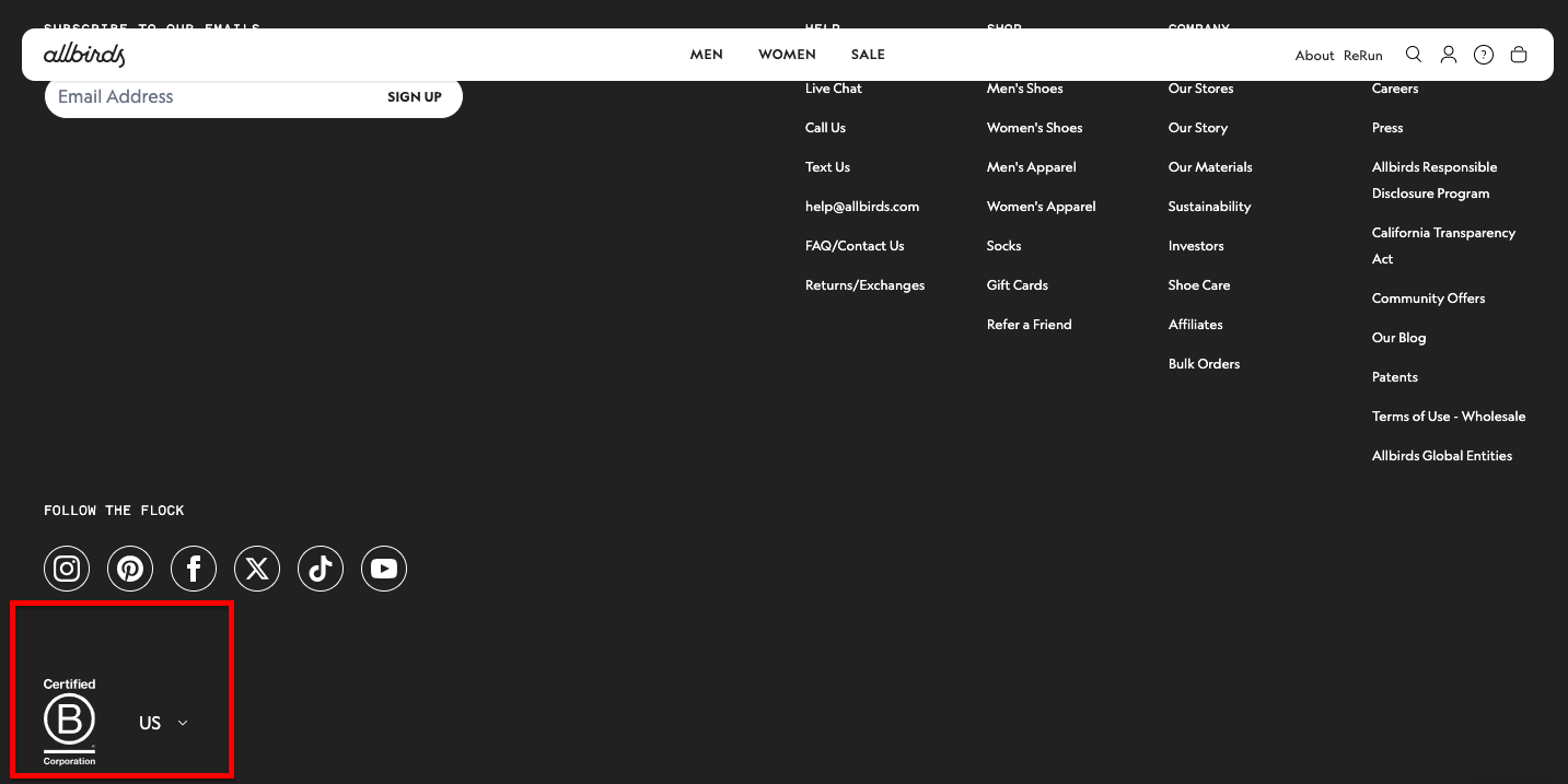 Allbirds home page example