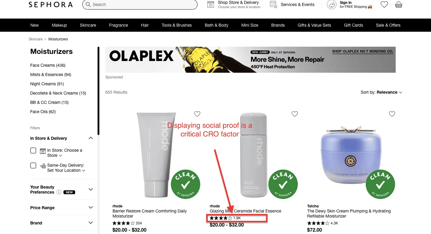 Sephora social proof in category page example