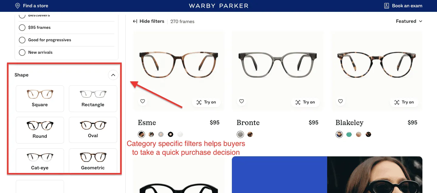 warby parker decision specific filter example