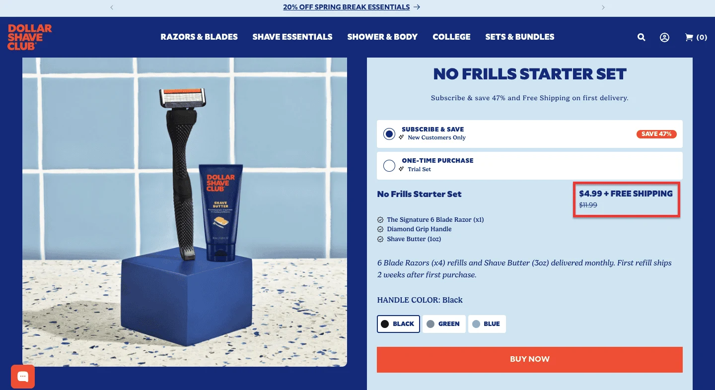 Dollar Shave Club Product Page Example