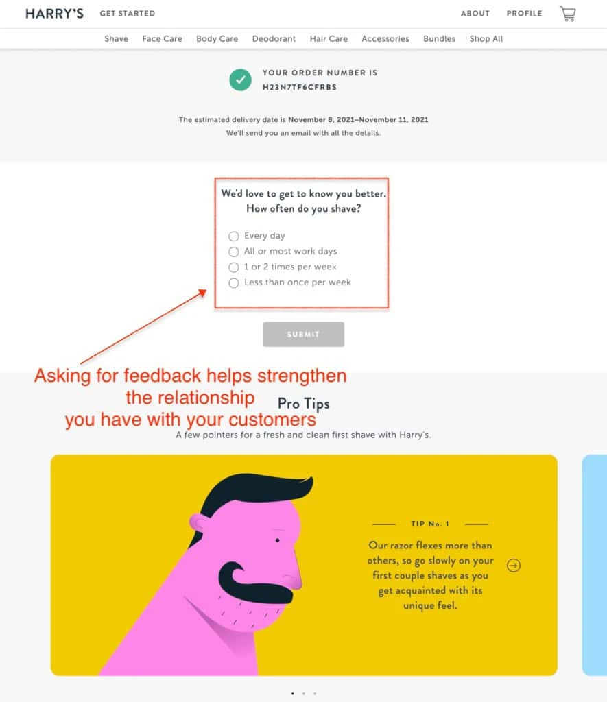 Harry's order confirmation page example