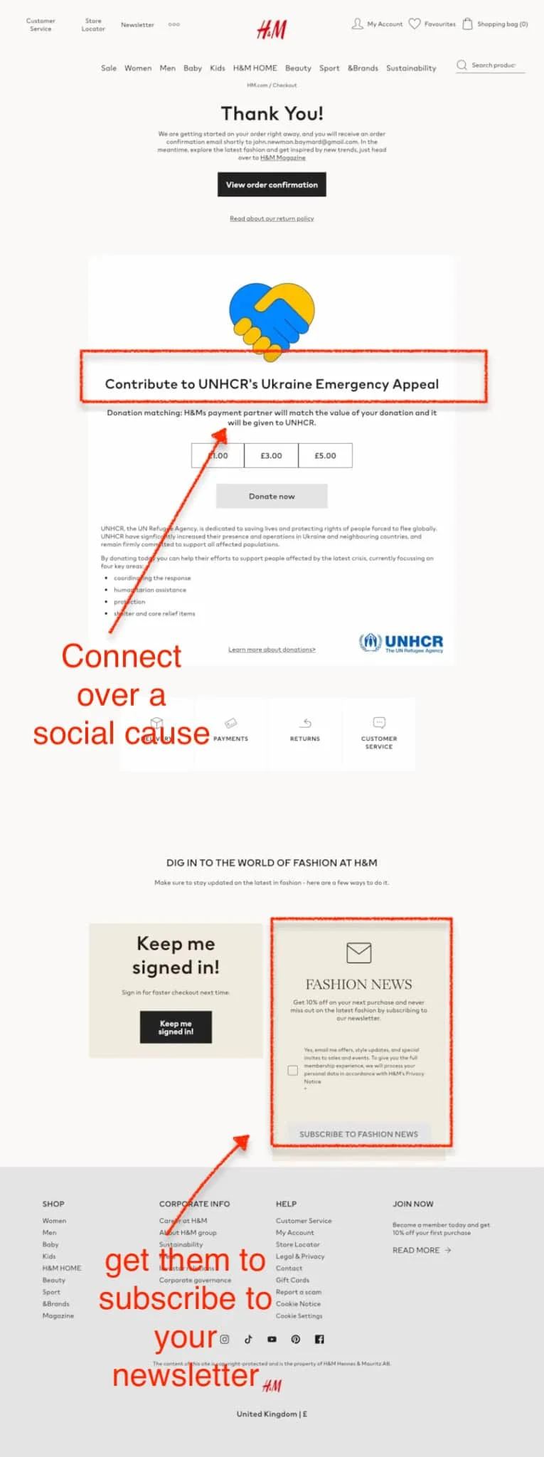 H&M thank you page example