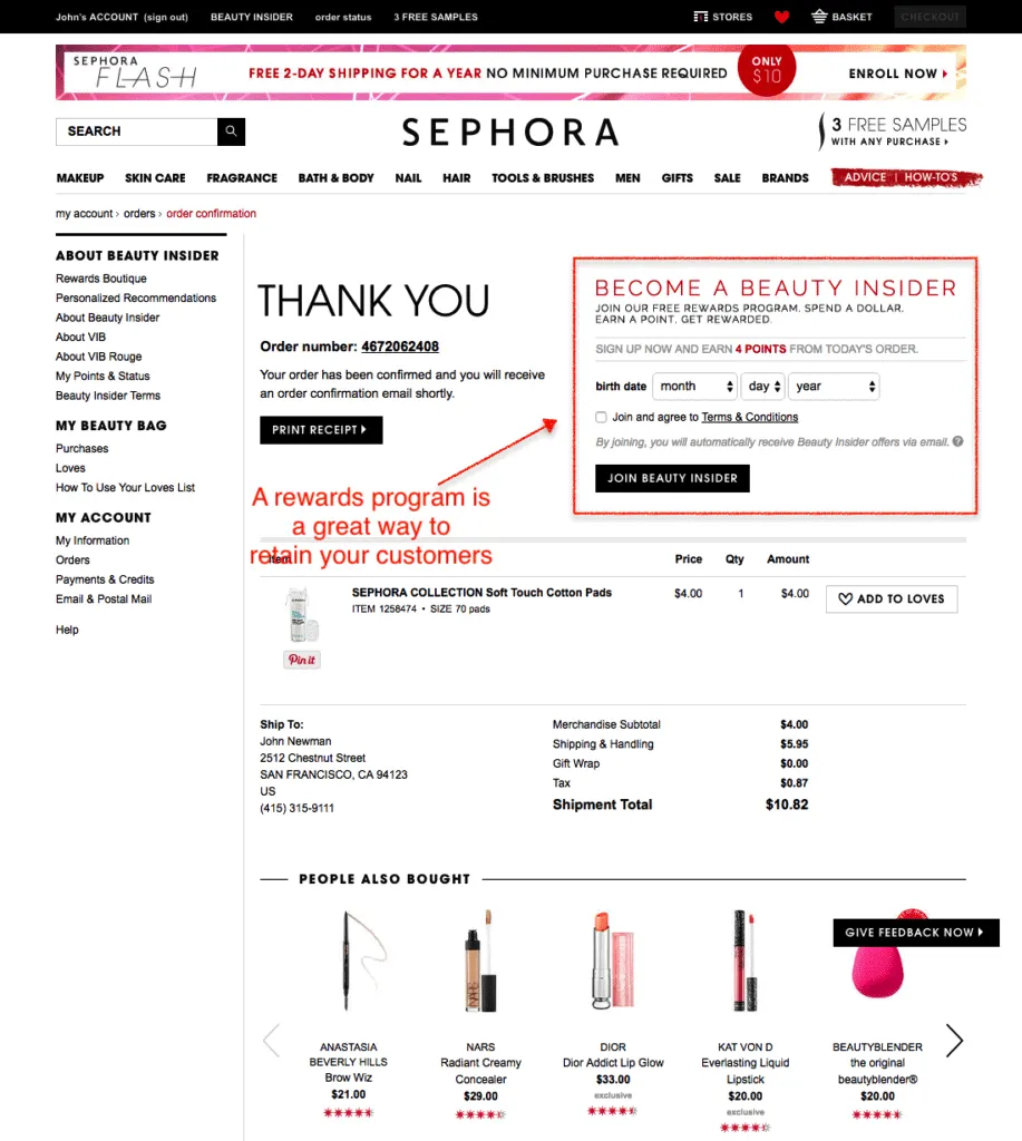 Sephora Order Confirmation Page Example