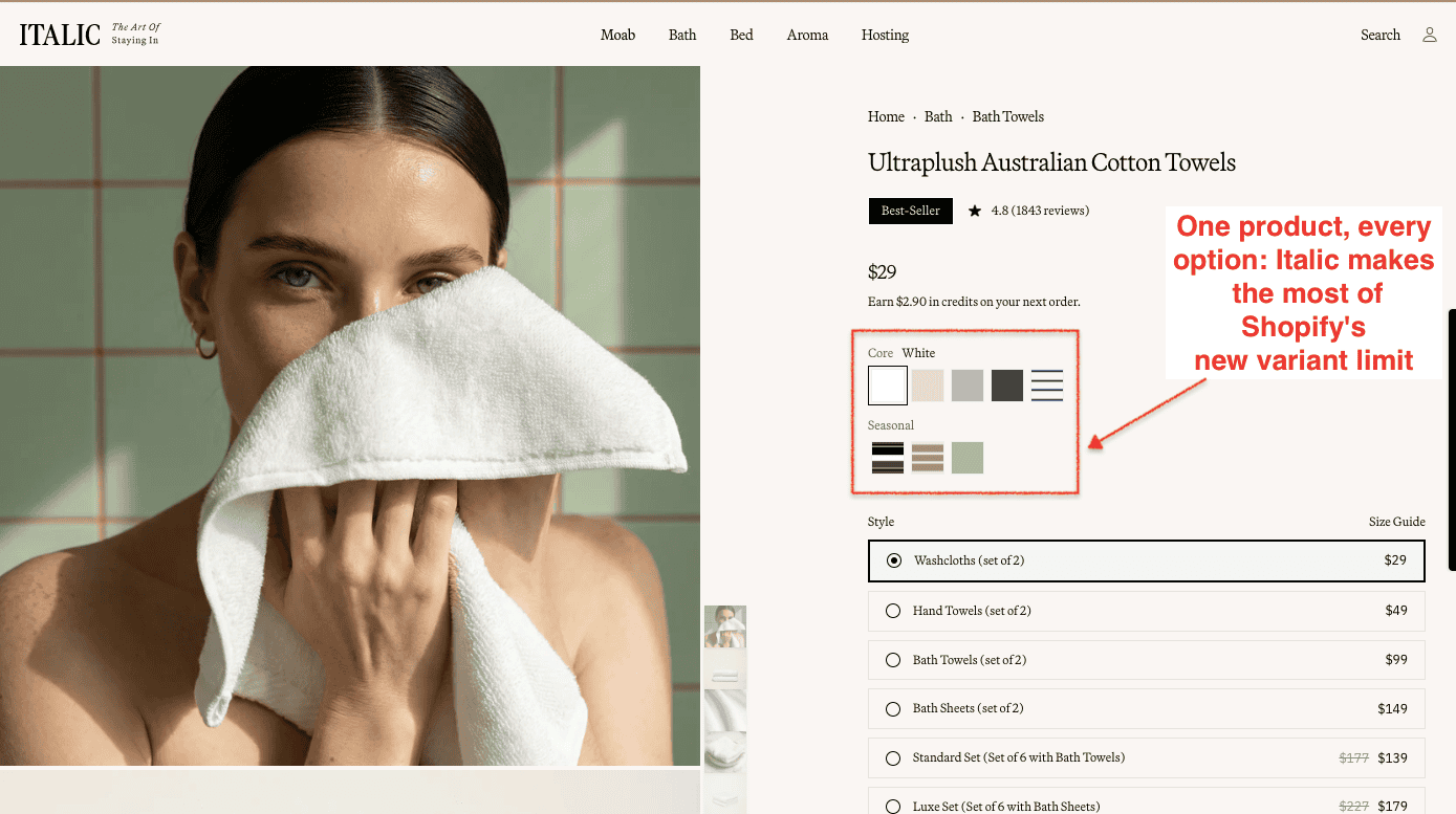 Italic shopify product page example