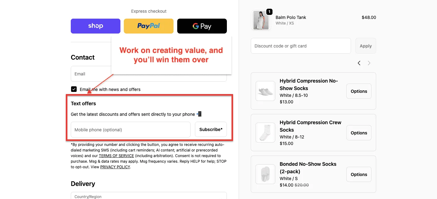 BYLT checkout text offer