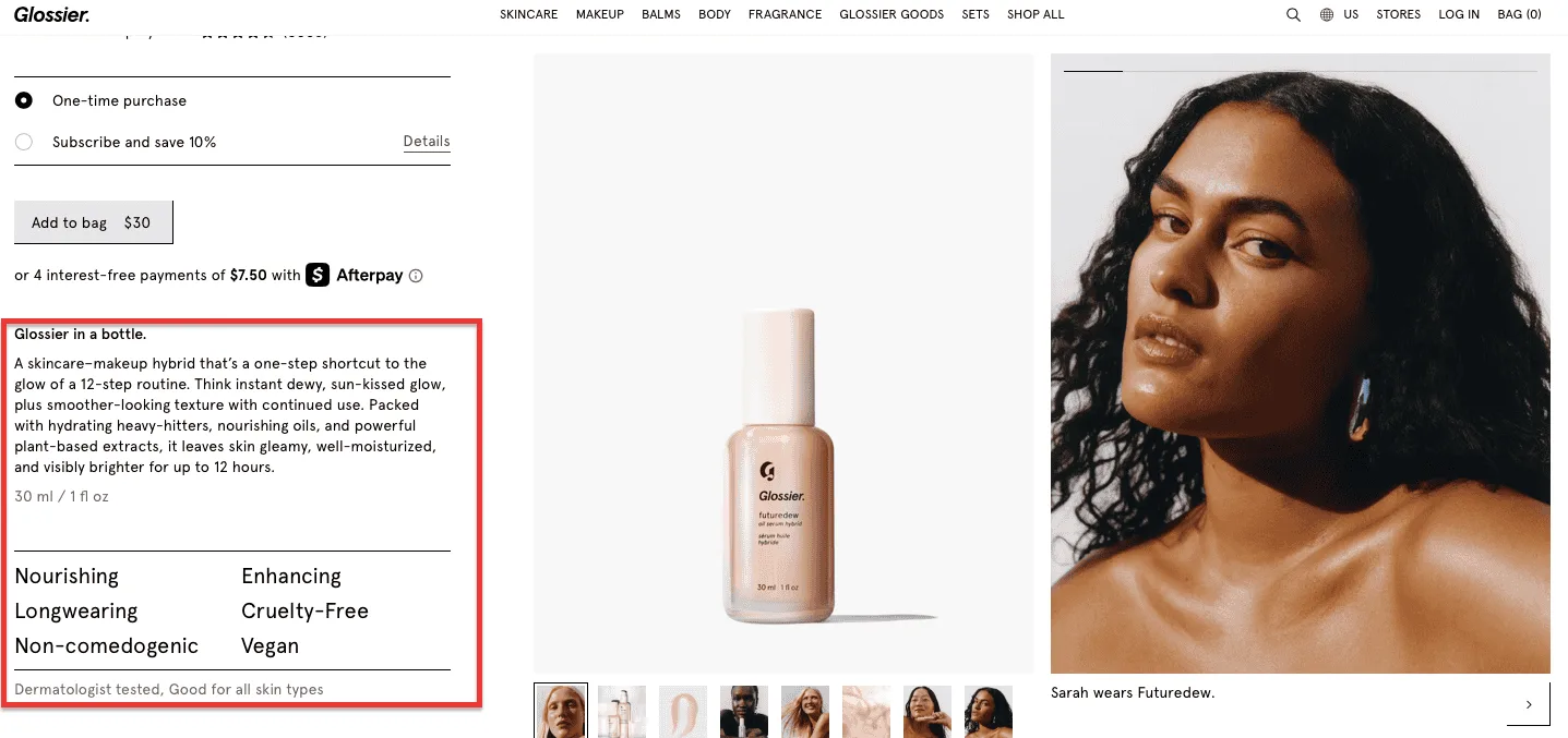 Glossier Benefit-Driven Copy Example