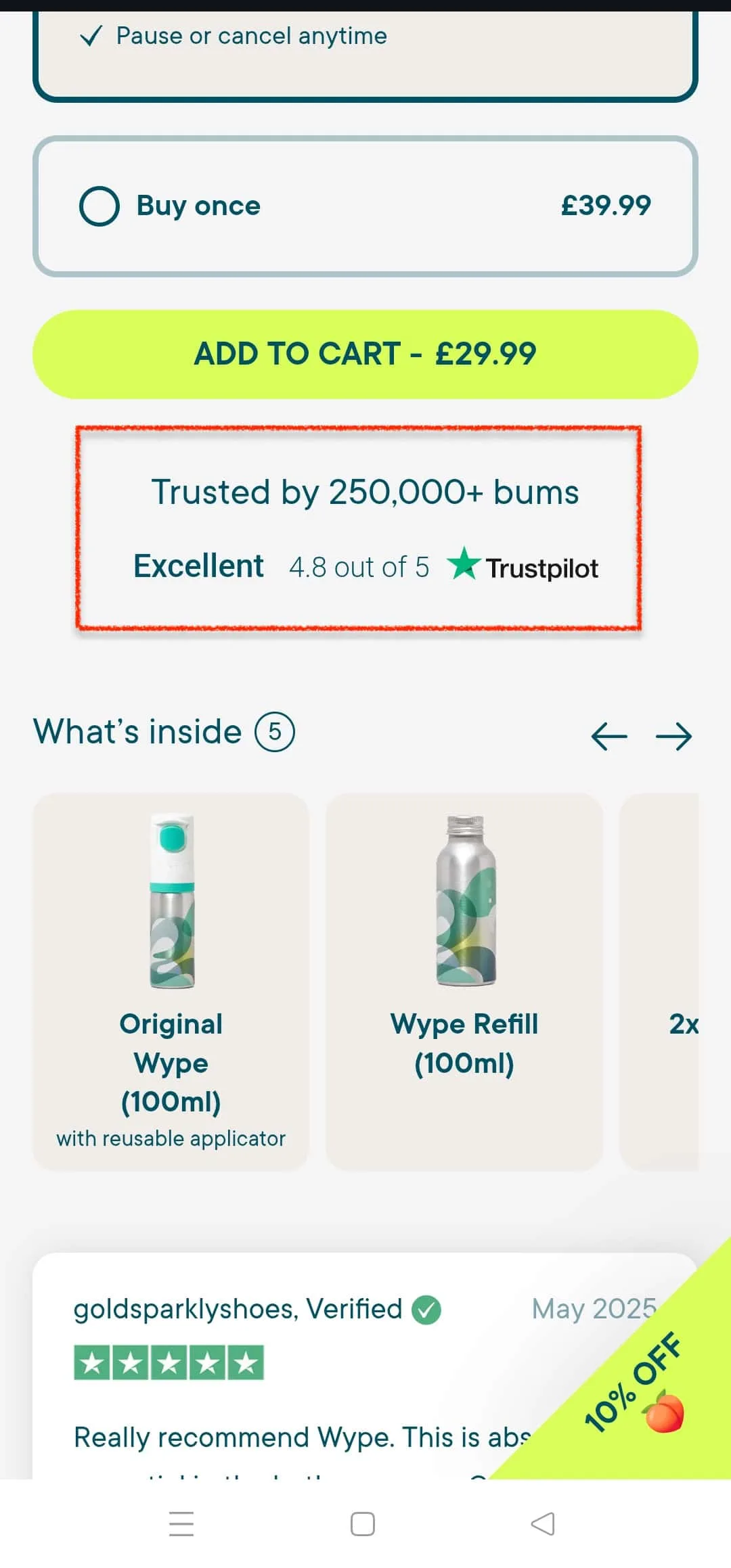 Wype mobile product page example