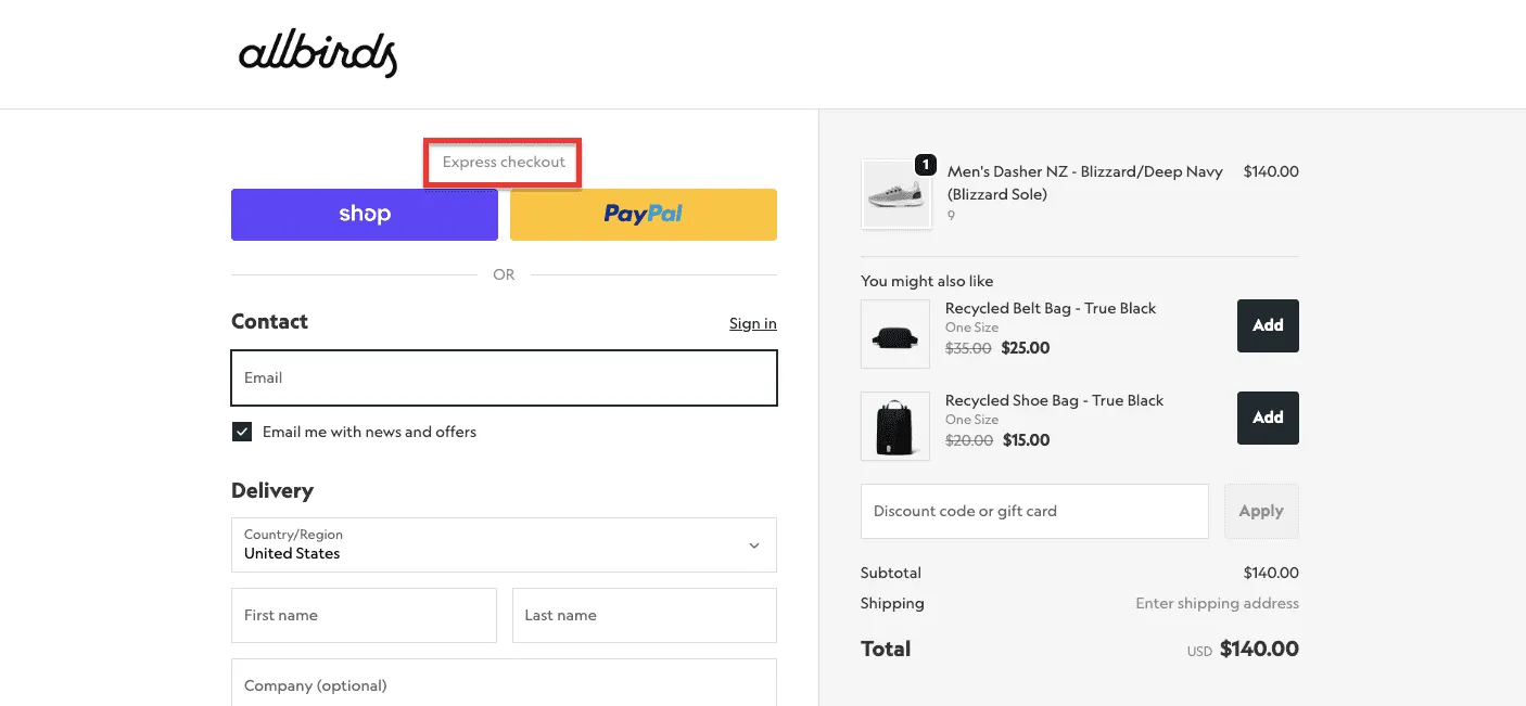 allbirds express checkout example