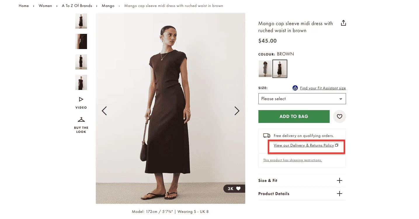 asos return policy at checkout example