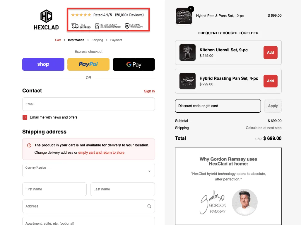 Hexclad warranty at checkout example
