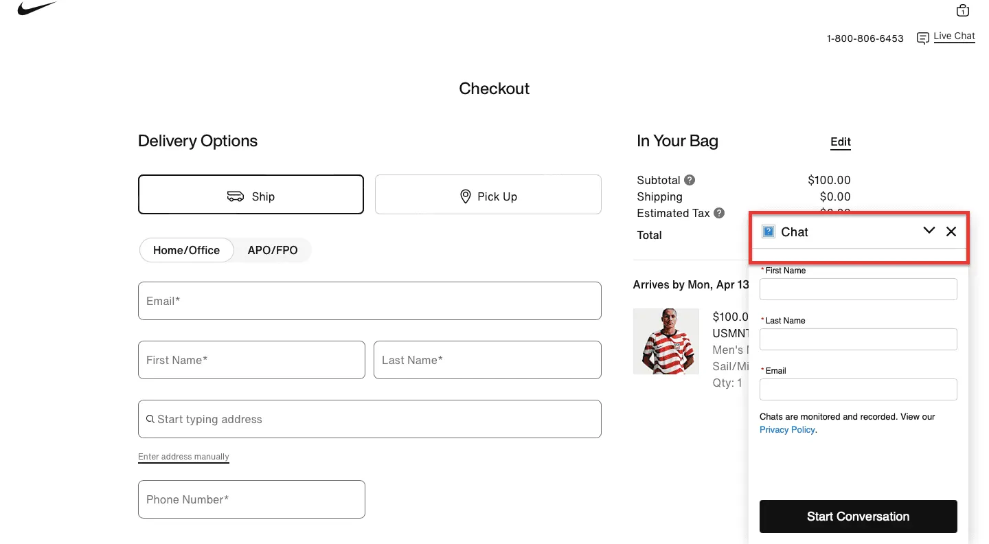Nike Live Chat at Checkout