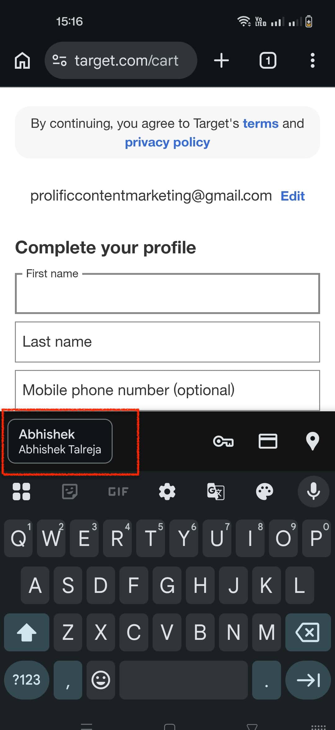 Target Mobile Checkout Example