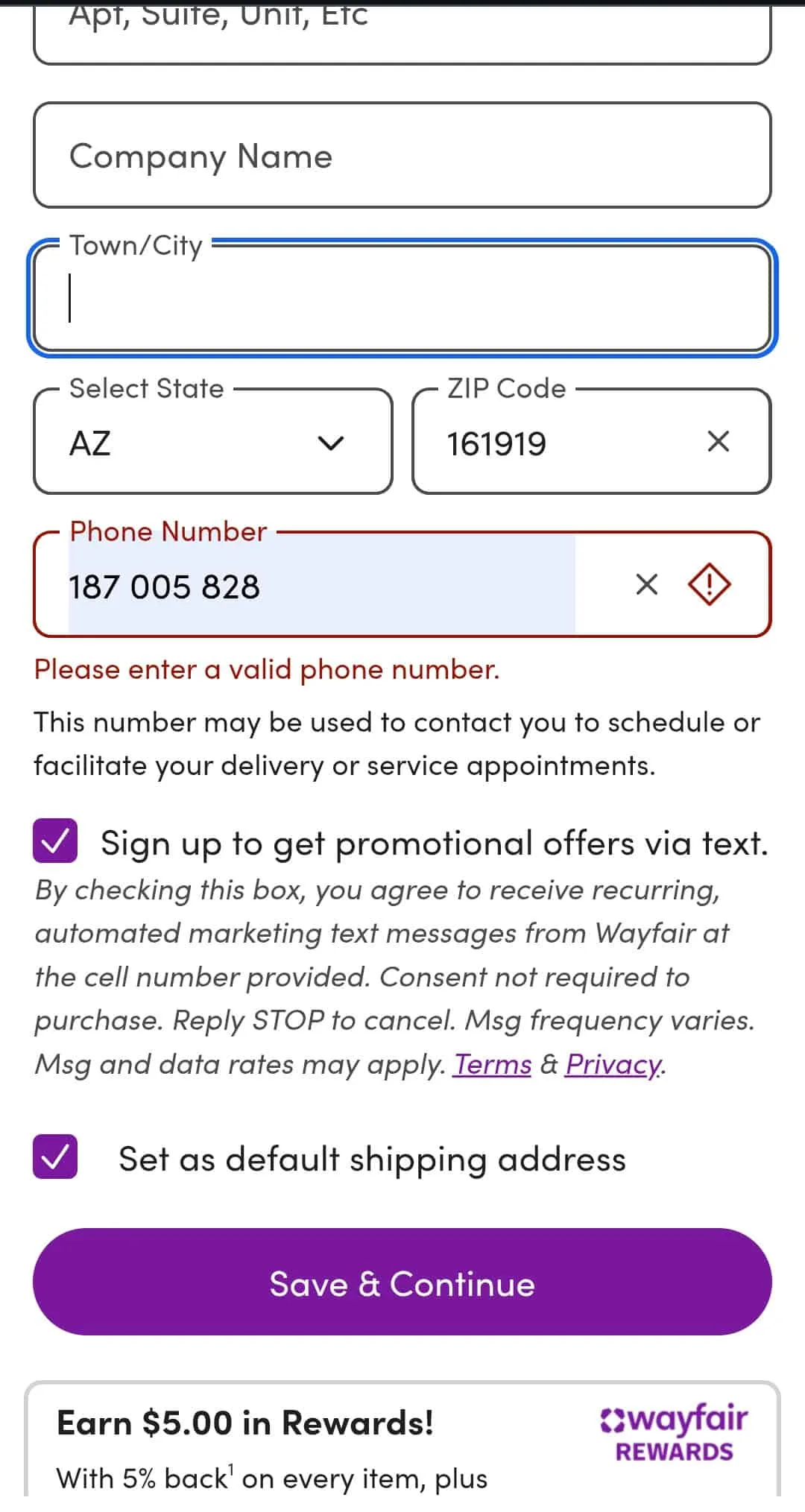 Wayfair mobile checkout example