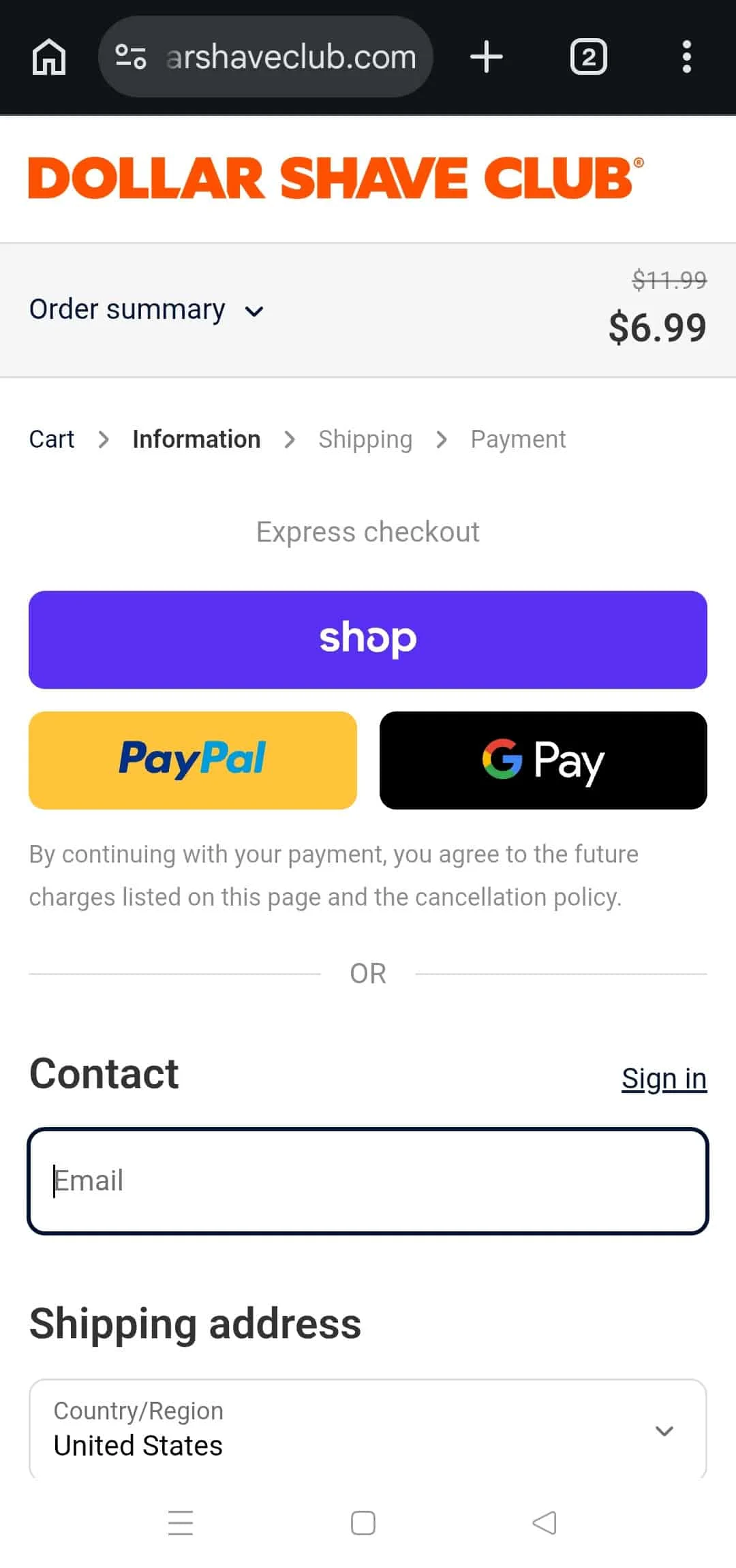 Dollar Shave Club Mobile Checkout Example