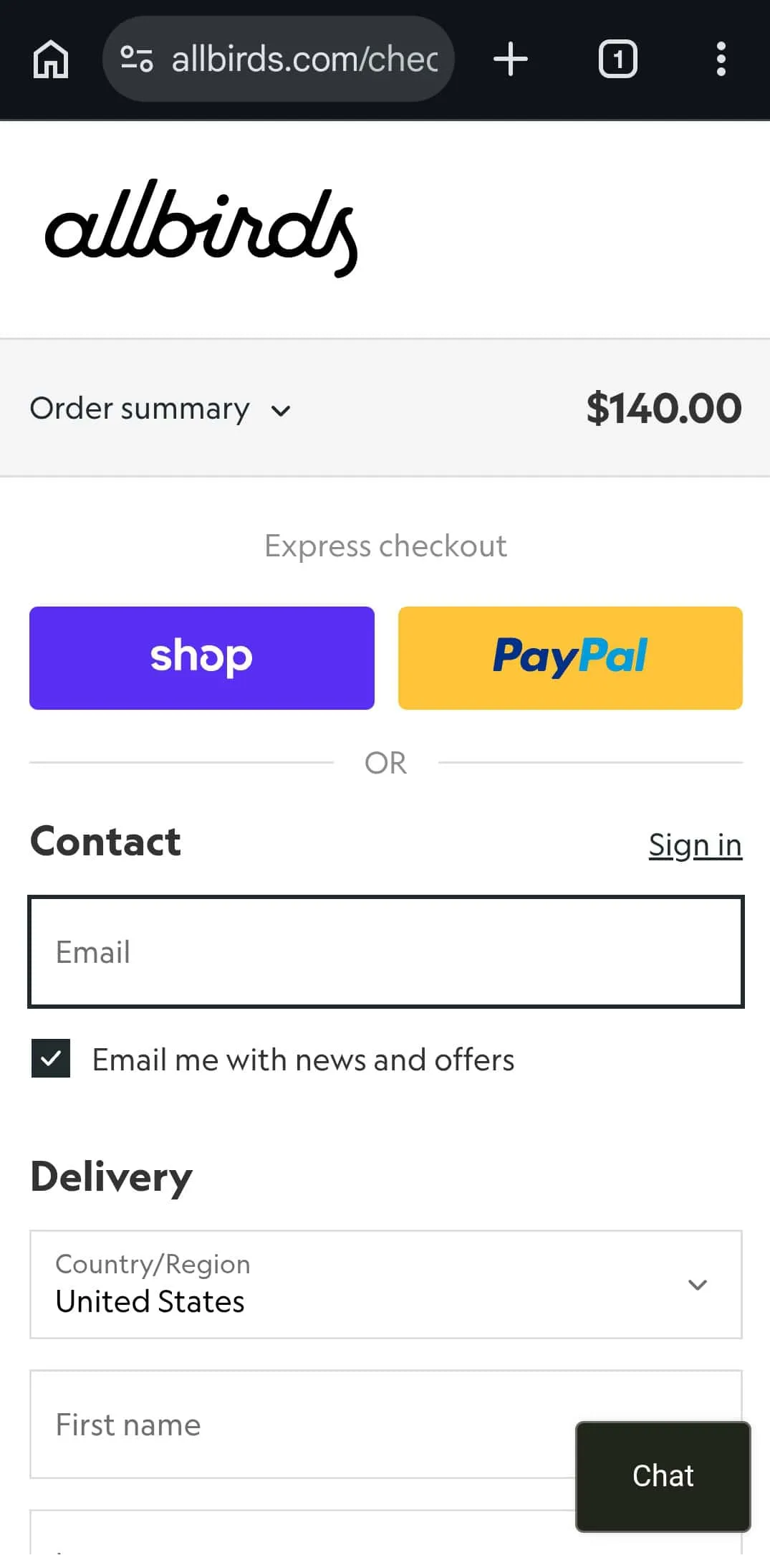 Allbirds mobile checkout example