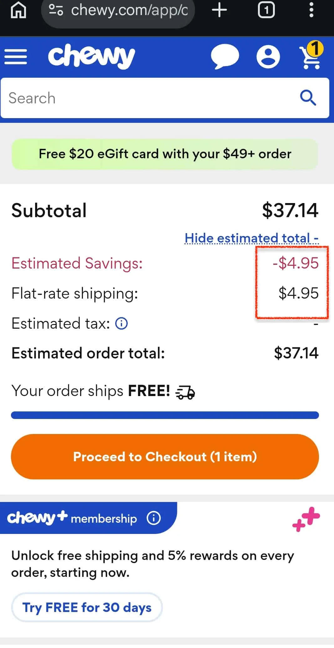 chewy mobile checkout example