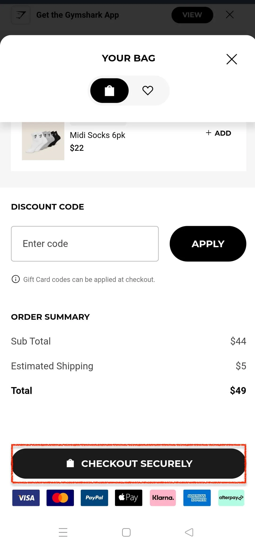gymshark mobile checkout example