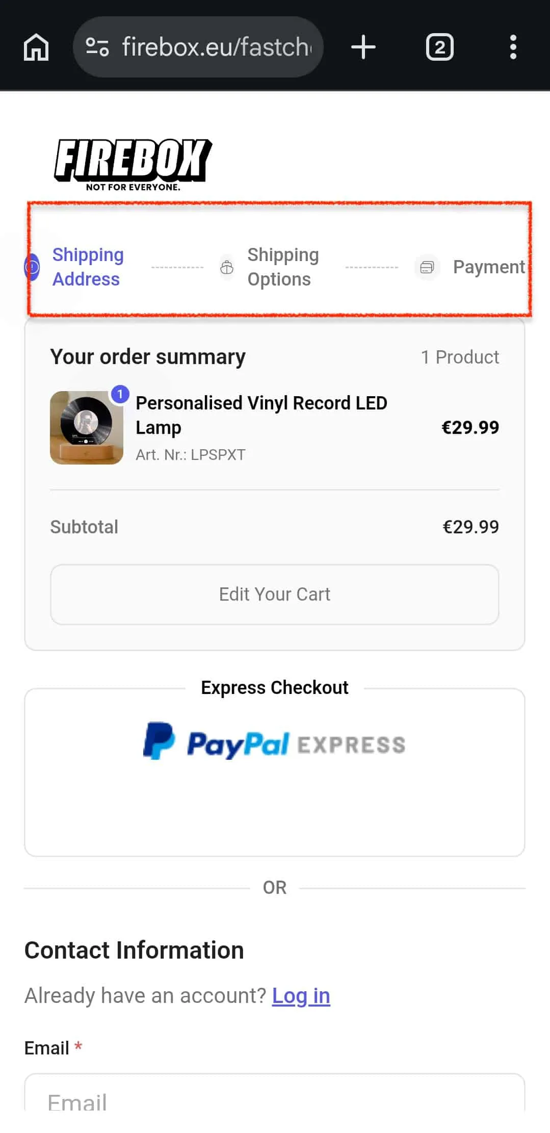 Firebox checkout progress indicator
