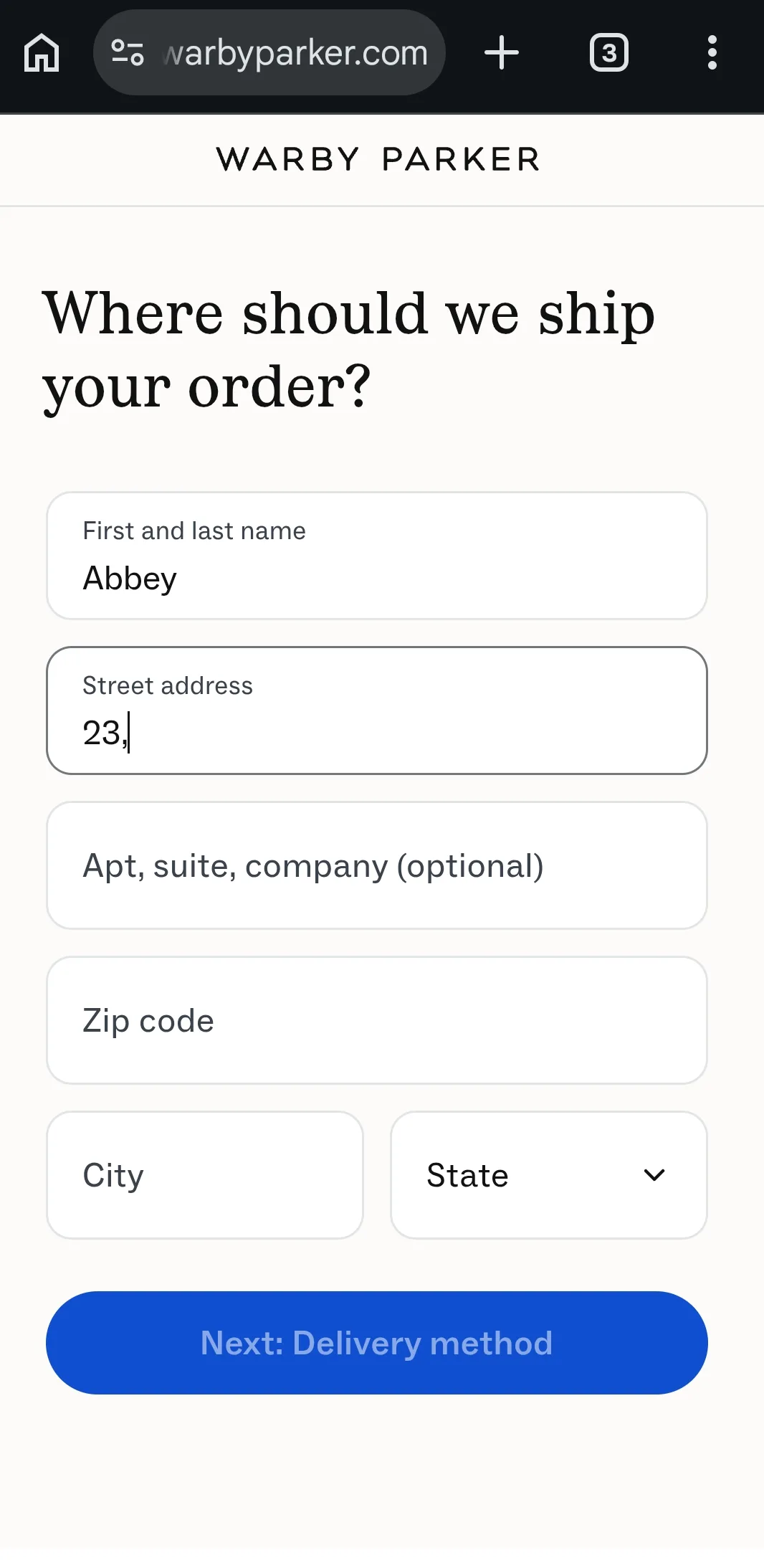 warby parker mobile checkout example