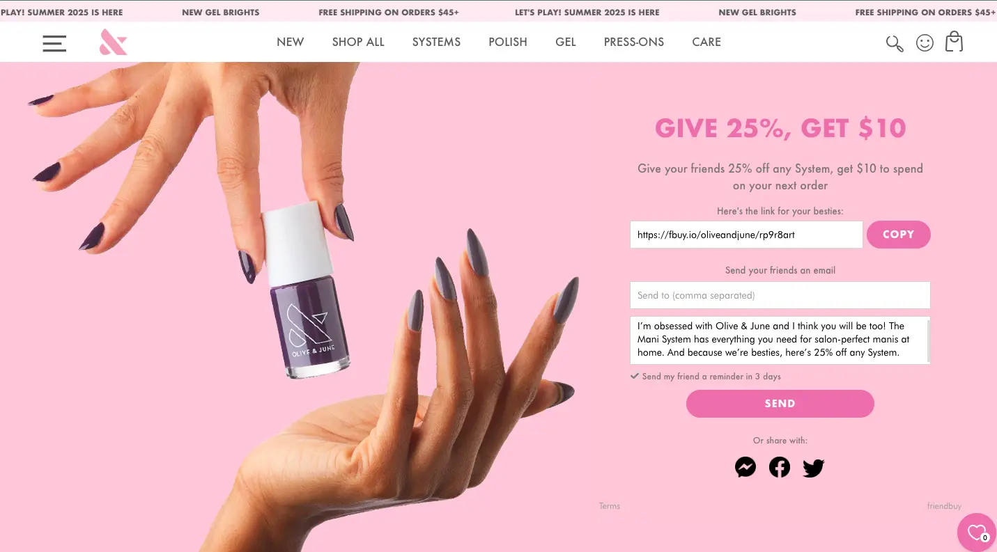 Olive and June referral marketing offer example