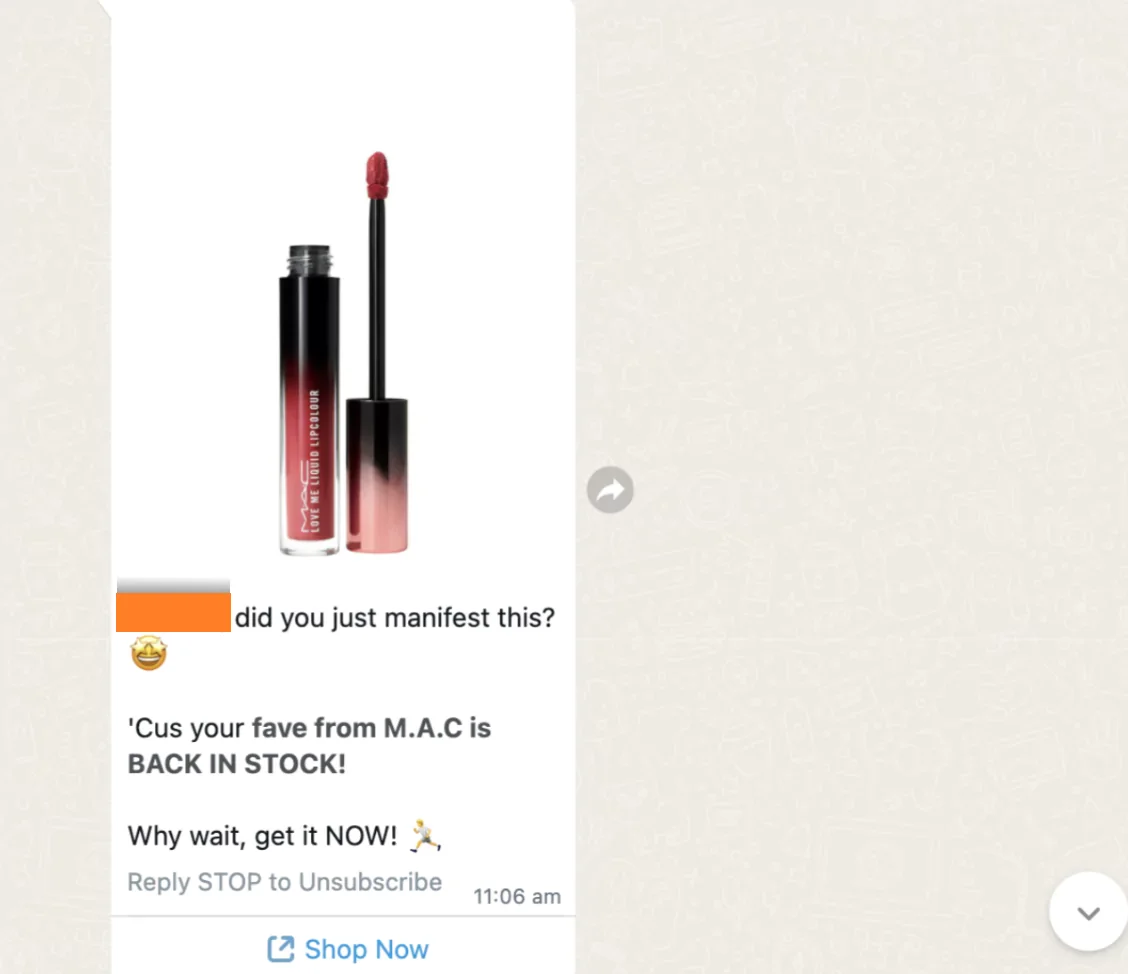 WhatsApp marketing example - back in stock reminder