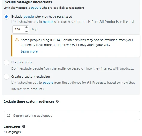 Exclude catalog interactions and purchasers when running prospecting campaigns through Facebook ads