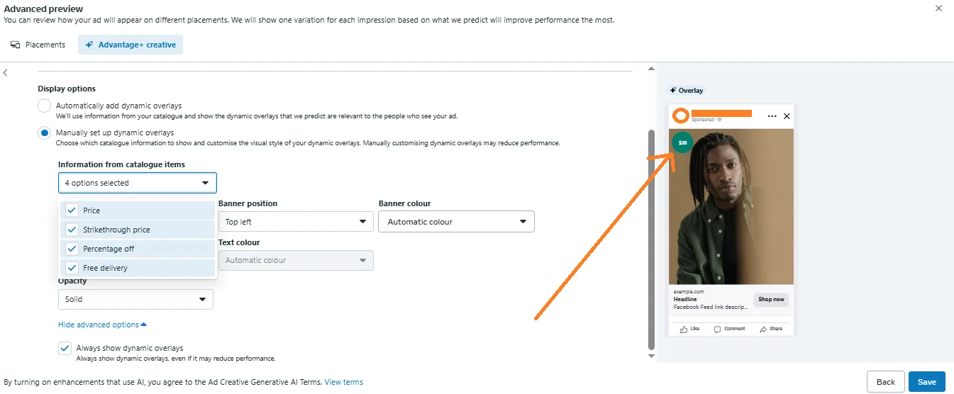 eCommerce Facebook ads 'info labels' attachments