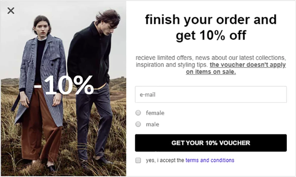 Exit intent popup on eCommerce cart page