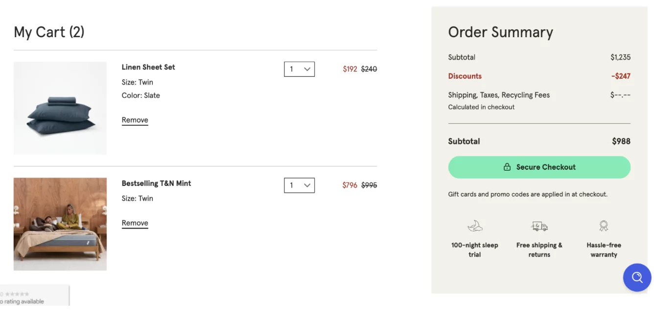 eCommerce cart page