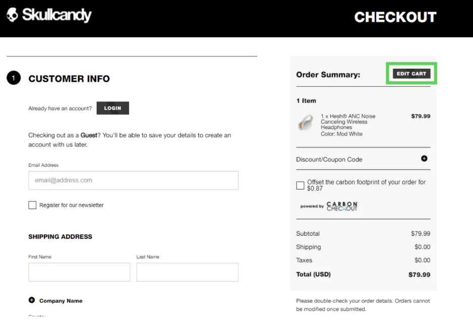 Edit option on eCommerce cart page