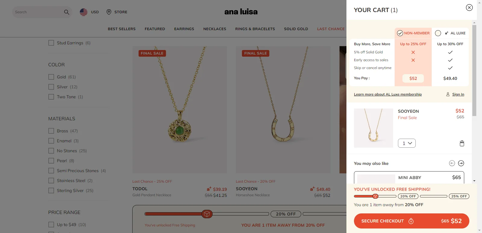 Ana Luisa offers a solid deal on its cart page to woo window shoppers
