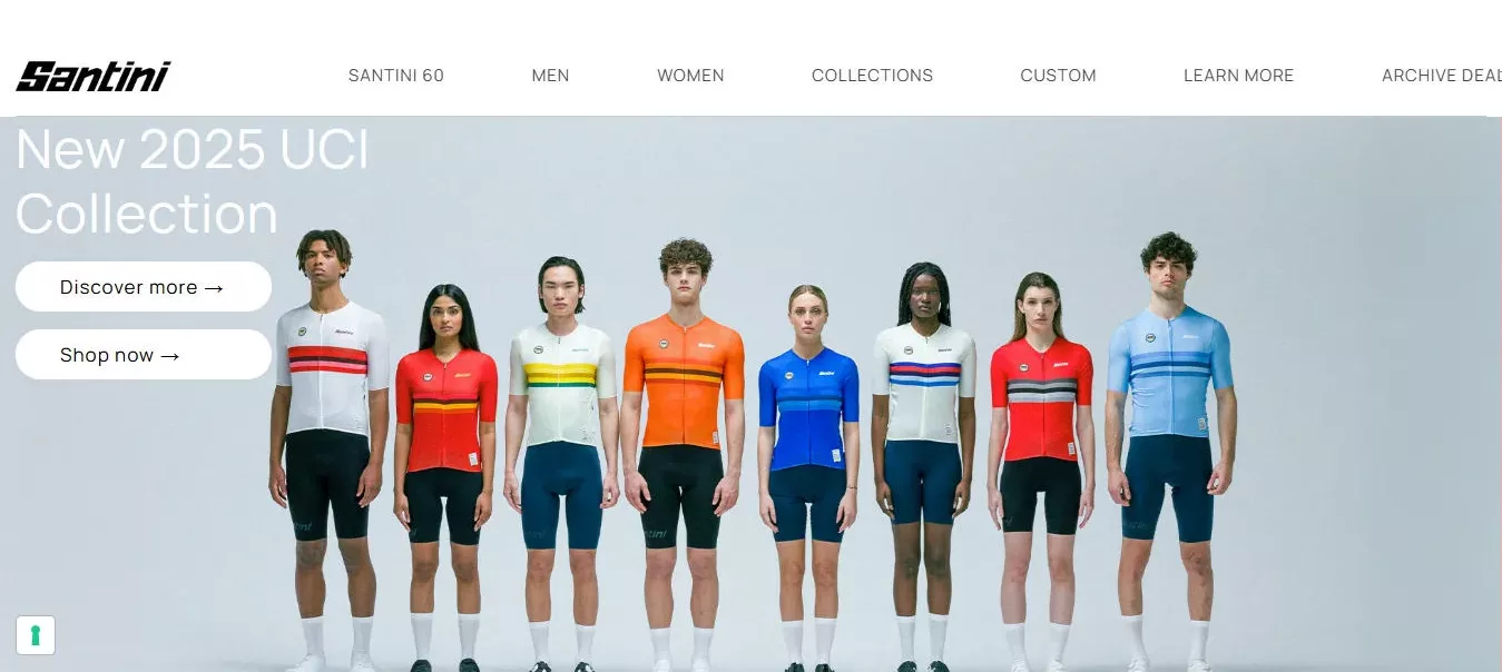 Santini shows new collections near the top fold on the homepage, showing the sports apparel brand is active