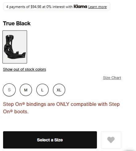 Burton features BNPL payment nudge before CTA + size and recommended pair product fit to increase online sports store conversion rate