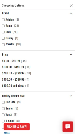 Hockey Monkey uses elaborate category page filtering to improve ports good conversions